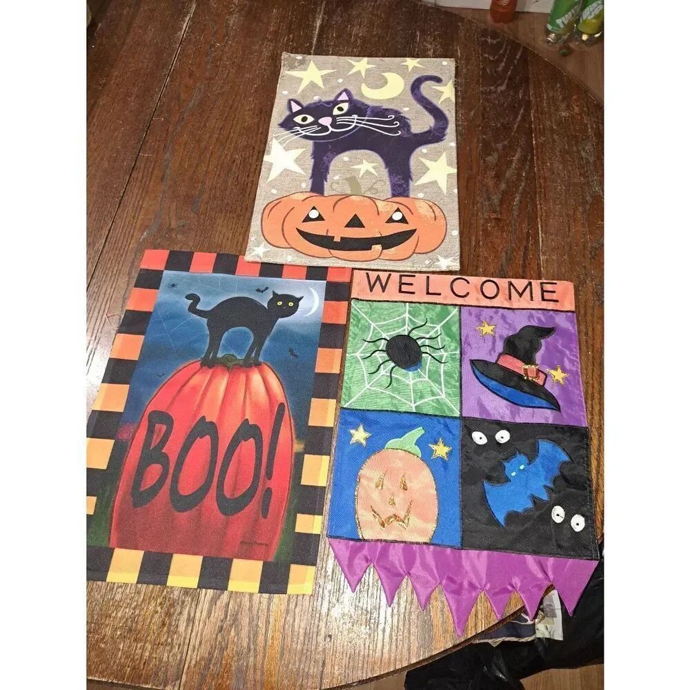 3 Halloween Garden Flags Spider Witch Jack O Lantern Bat Cat Pumpkin Flags Decor
